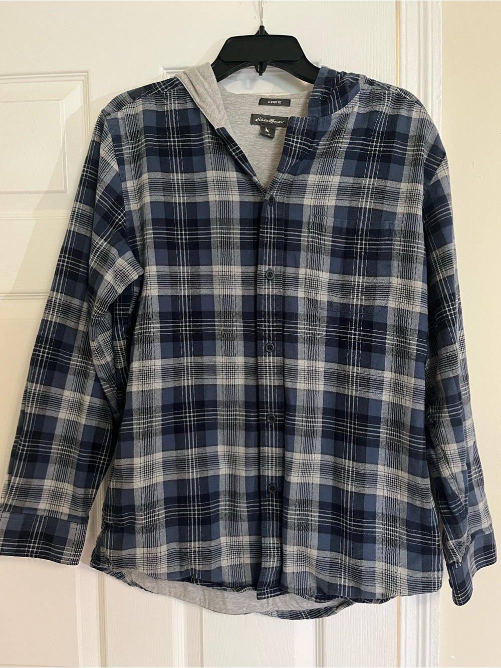 Eddie Bauer Blue and White Plaid Hooded Button-Down Shirt